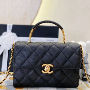 Chanel Handle Woman’s Black Leather Super Fake Handbags Pebbled Leather 19cm