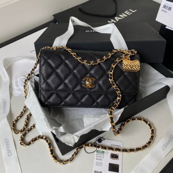 Chanel Woc Charm Replica 11 Handbag Lizard Skin Black With Gold Lock 20cm