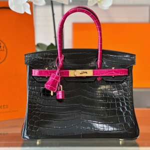 Hermes Birkin 30 Black/Pink Genuine Crocodile Leather - Custom Made