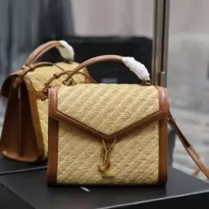 Replica Saint Laurent YSL Cassandra monogram-plaque raffia top handle bag