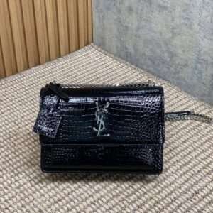 Replica Saint Laurent YSL Calfskin Crocodile Embossed Monogram Sunset Shoulder Bag
