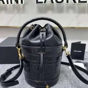 Replica Saint Laurent YSL Bahia Calfskin Crocodile Embossed Bucket Bag Black