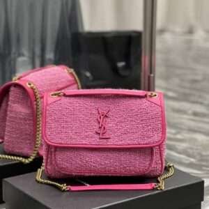 Replica Saint Laurent YSL Boucle Tweed Monogram Niki Chain Satchel Pink