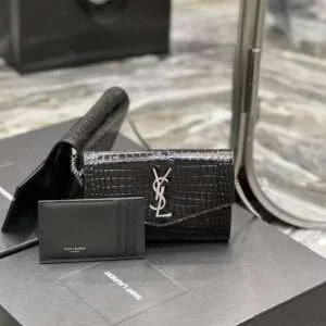Replica Saint Laurent YSL Calfskin Crocodile Embossed wallet on chain Flap shoulder bag