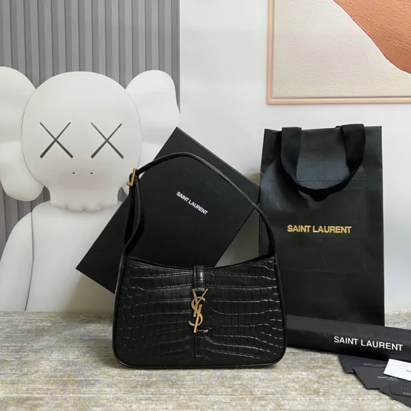 SAINT LAURENT Le 5 À 7 Green Crocodile-effect Leather Shoulder Bag In Black