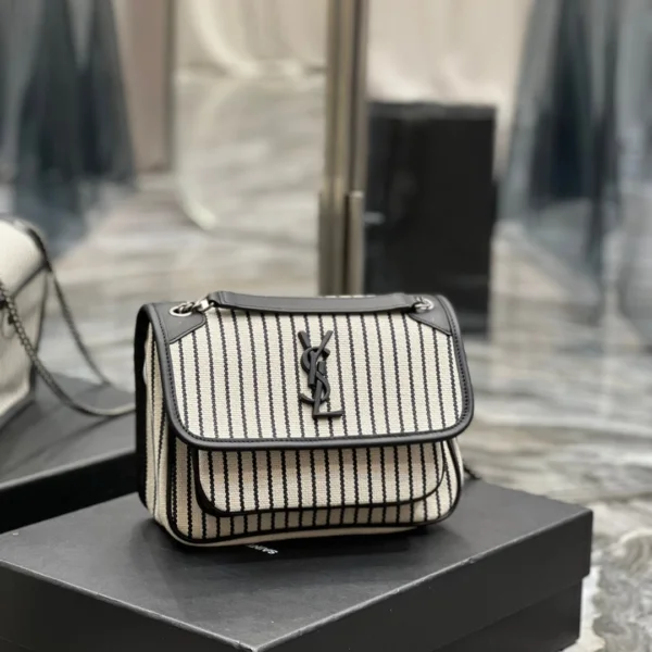 Saint Laurent Cotton Canvas Striped Vintage Calfskin Monogram Medium Niki Chain Satchel