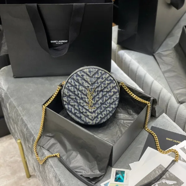 Saint Laurent YSL Women Vinyle Round Camera Bag in Chevron-Quilted Denim and Suede