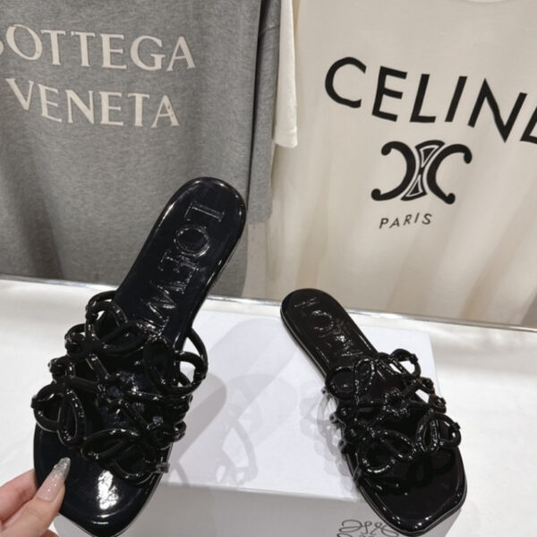 Loewe Leather Petal Anagram Slides in Black