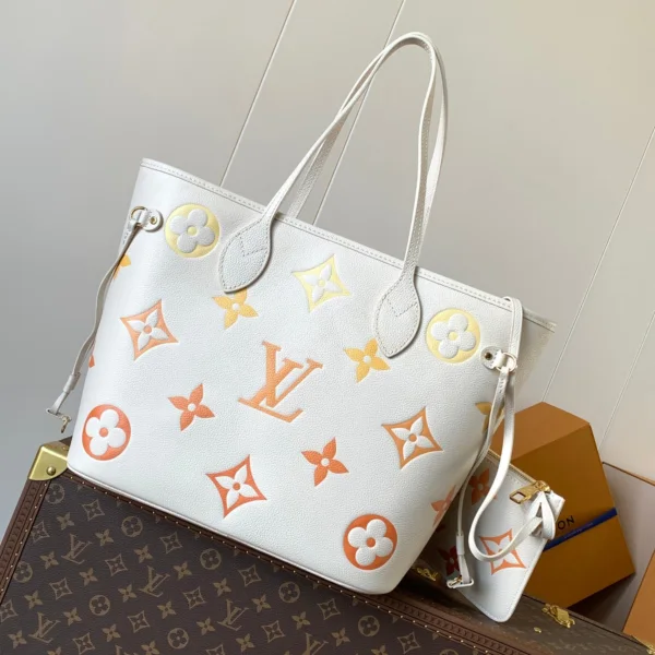 LV NEVERFULL MM TOTE BAG 32 IN WHITE MIX ORANGE CALFSKIN