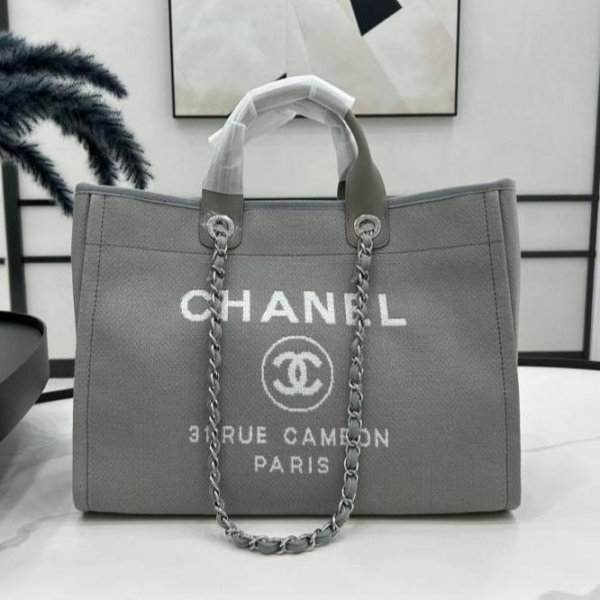 CHANEL CC DEAUVILLE LARGE 38 TOTE BAG IN GREY CANVAS WITH WHITE LOGO