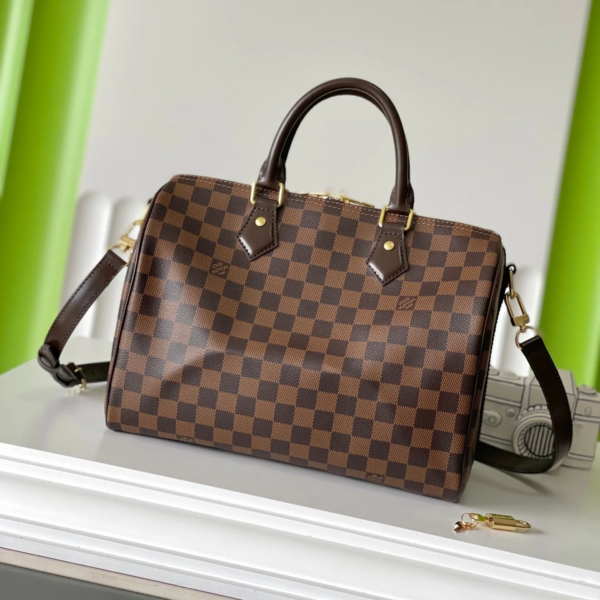 LV SPEEDY BANDOLIÈRE 30 IN DARK BROWN DAMIER EBENE CANVAS GOLD LOCK