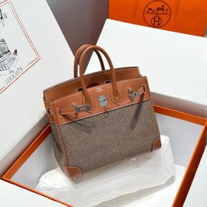 HERMES BIRKIN 25CM IN GOLD SWIFT AND BLACK/WHITE/BROWN TOILE CANVAS