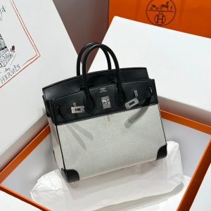 HERMES BIRKIN 25CM IN BLACK SWIFT WHITE TOILE CANVAS (CUSTOM-MADE)