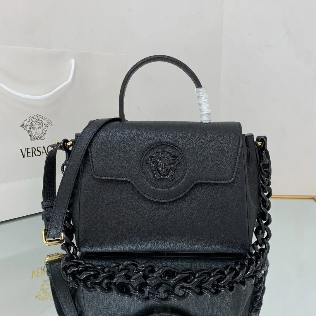 Versace La Medusa medium top handle bag in black grained leather