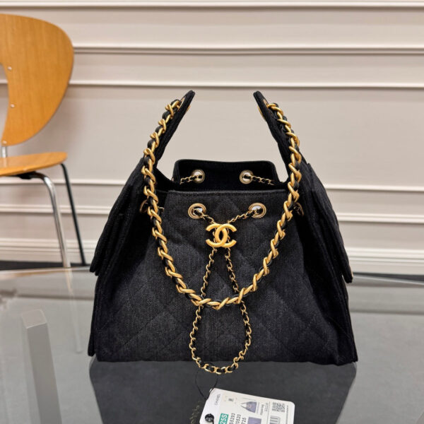 CHANEL 25 Small IN BLACK-GRAY DENIM WITH GOLD HARDWARE