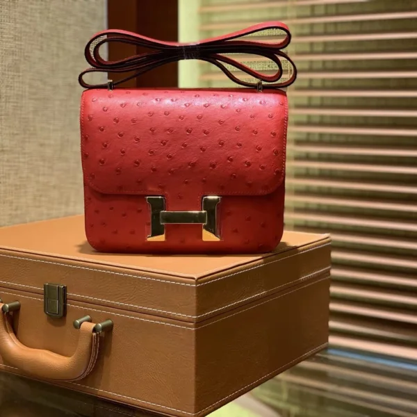 HN Rouge Vif Ostrich Constance Mini 18 gold hardware