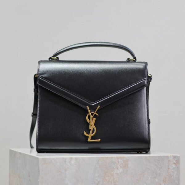 YSL CASSANDRA TOP HANDLE BAG MEDIUM BLACK SMOOTH LAMBSKIN GOLD HARDWARE