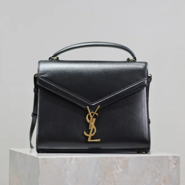 YSL CASSANDRA TOP HANDLE BAG MEDIUM BLACK SMOOTH LAMBSKIN GOLD HARDWARE