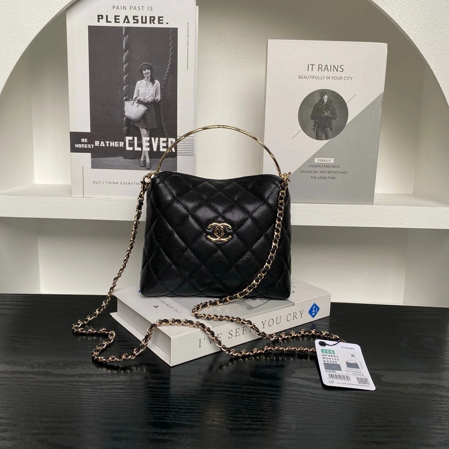 Chanel 24A Hobo Handbag in black quilted caviar leather