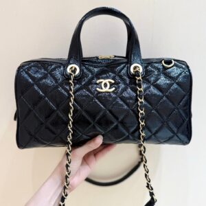 Chanel 25K Bowling Bag in Black Caviar Leather Gold Hardware