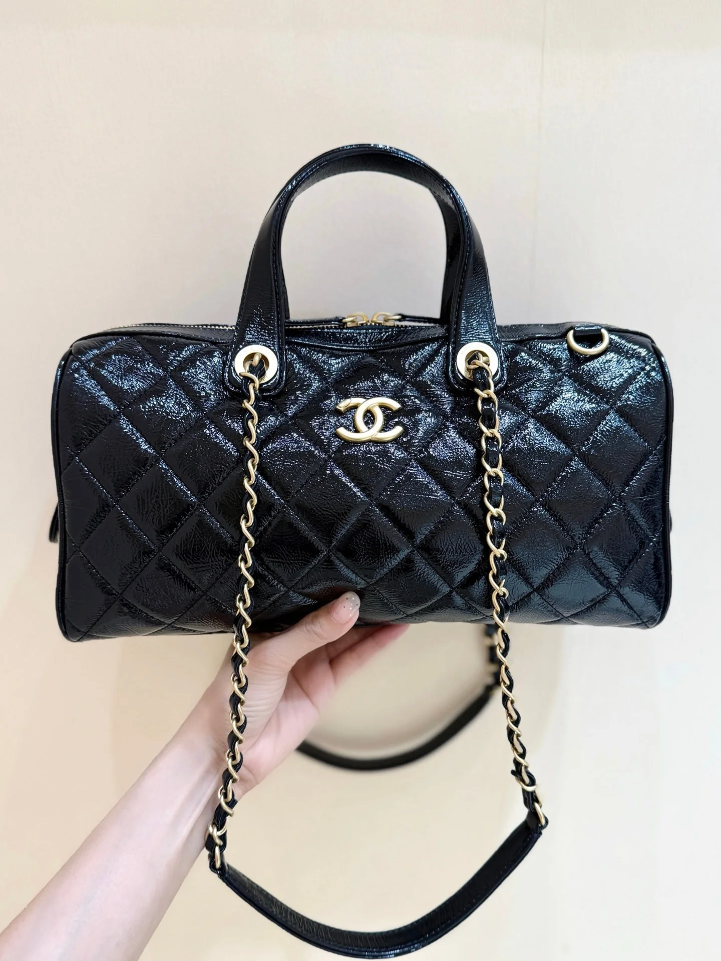 Chanel 25K Bowling Bag in Black Caviar Leather Gold Hardware