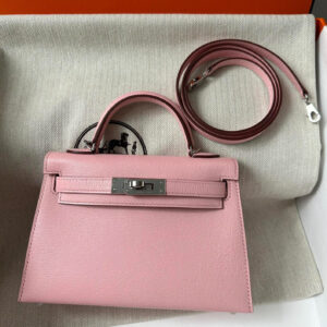 Hermès Mini Kelly 20 bag in Rose Sakura leather with silver hardware