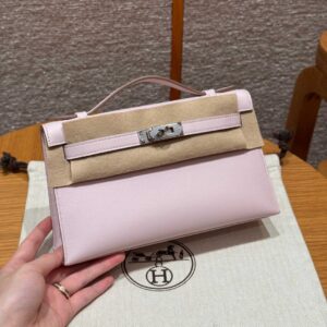 HERMES KELLY POCHETTE 22 IN LIGHT PINK SILVER HARDWARE