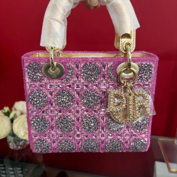 LADY DIOR BAG Metallic Calfskin & Satin with Rose Des Vent