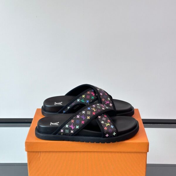 LV Men Black Multicolor Canvas Slides