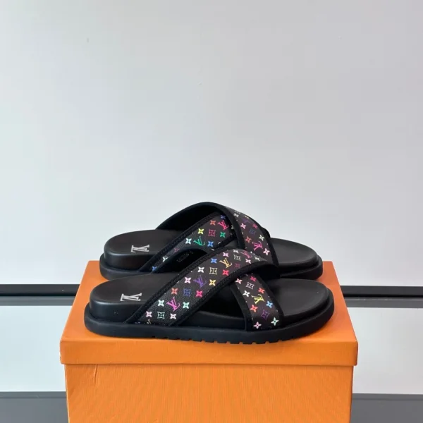 LV Men Black Multicolor Canvas Slides