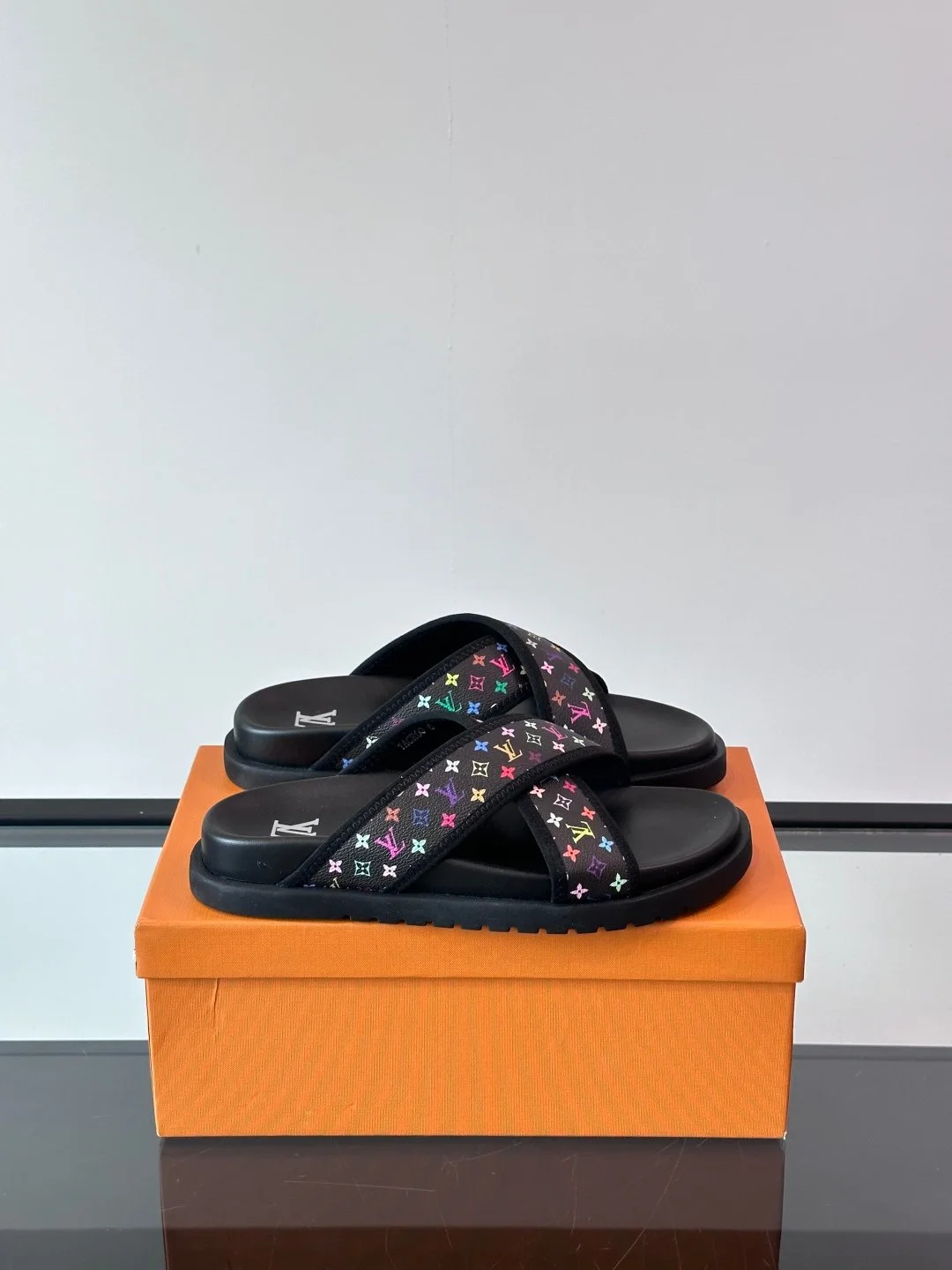LV Men Black Multicolor Canvas Slides