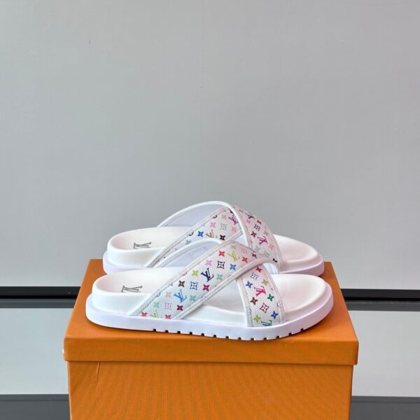 LV Men White Multicolor Leather Slides