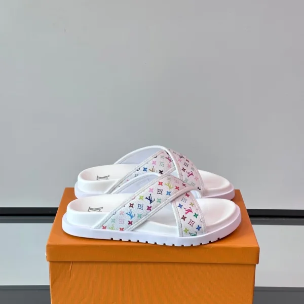 LV Men White Multicolor Leather Slides