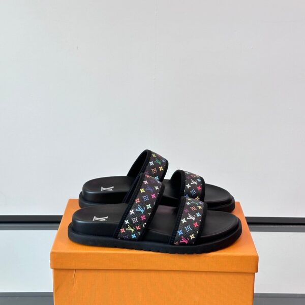 LV Men Black Canvas Double Strap Slides