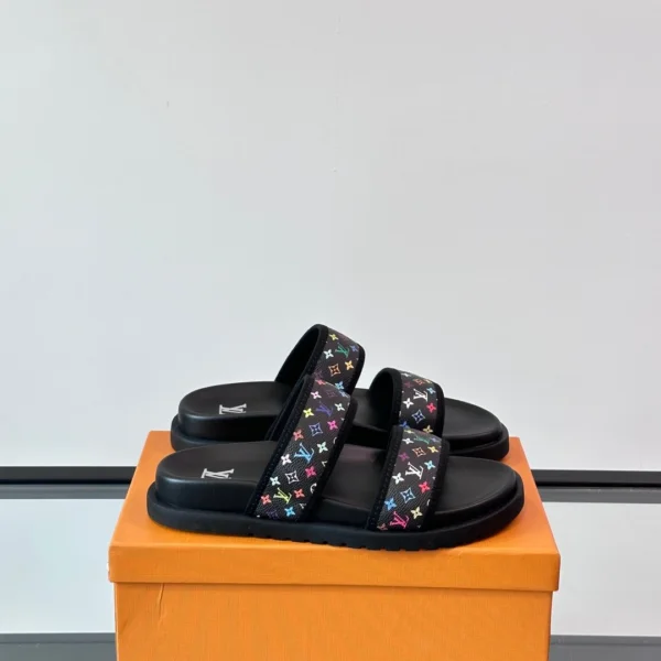 LV Men Black Canvas Double Strap Slides