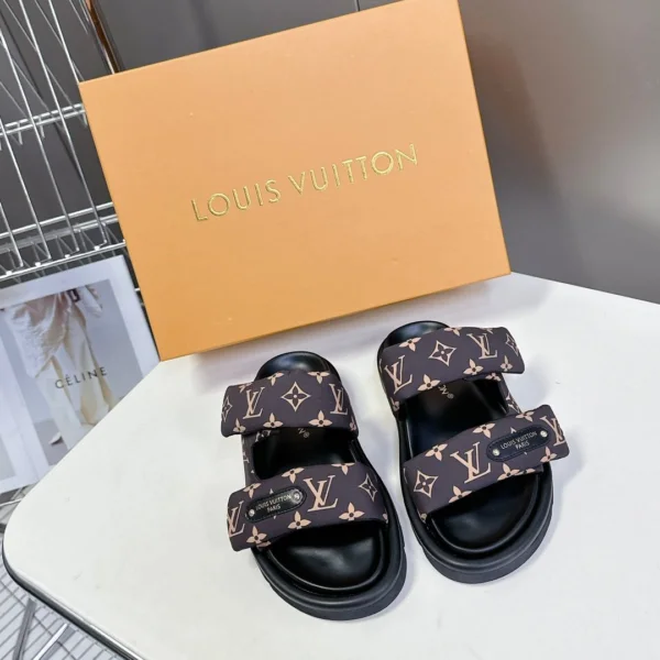 LV Women Black Brown Patterned Fabric Sandals