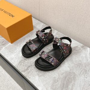 LV Women Multicolor Canvas Strap Black Sandals