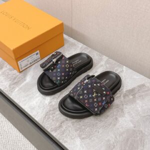 LV Women Black Fabric Adjustable Pocket Mules