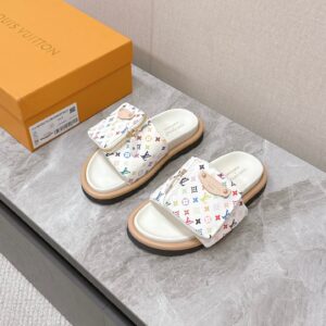 LV Women White Leather Multicolor Logo Mules