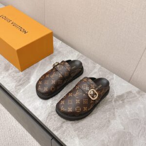 LV Women Brown Leather Monogram Mules