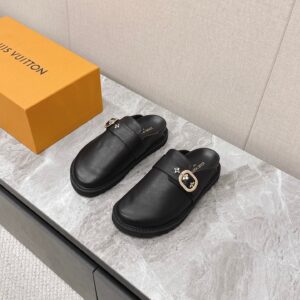 LV Women Black Leather Mules