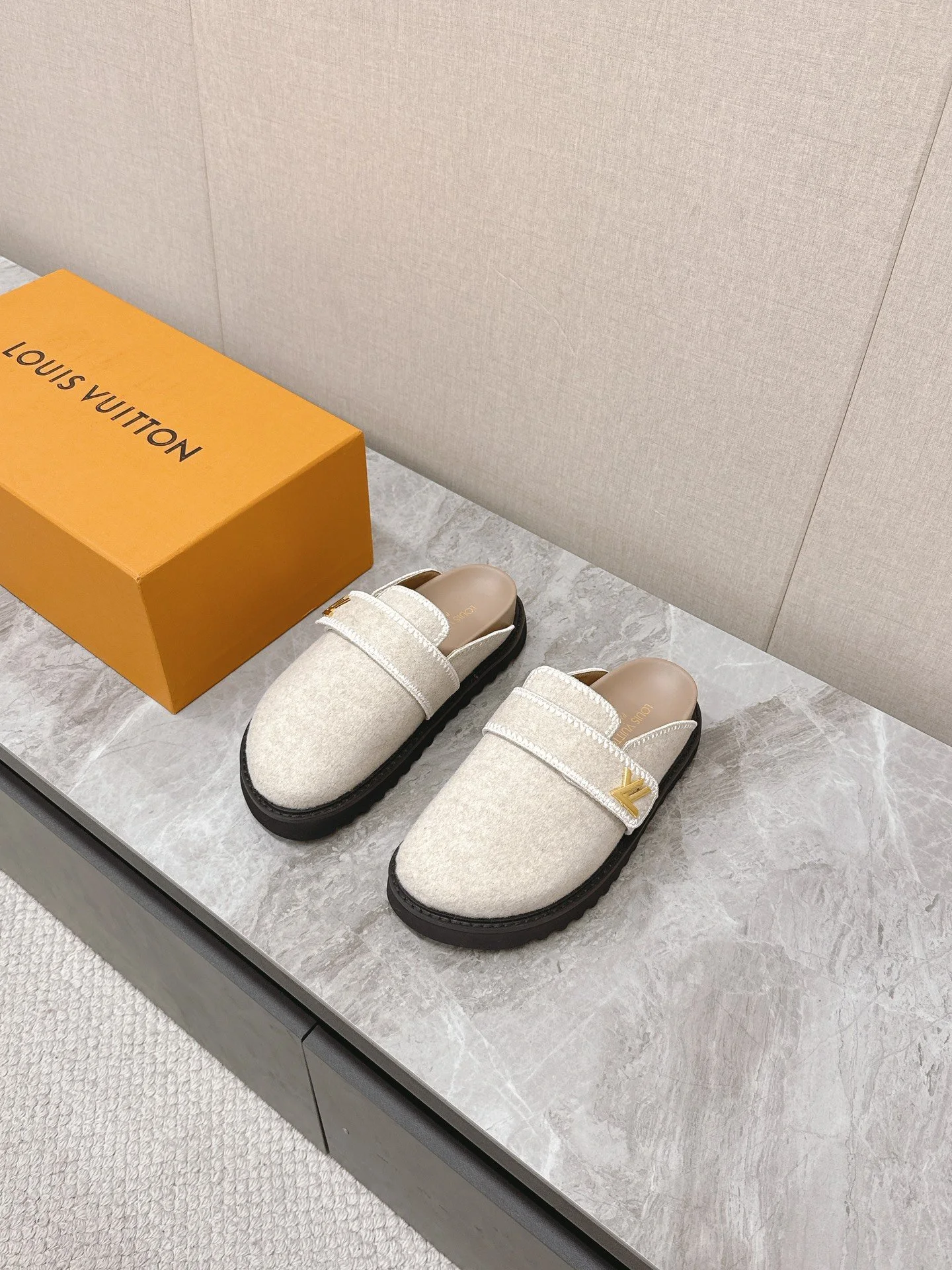 LV Women Beige Wool Mules