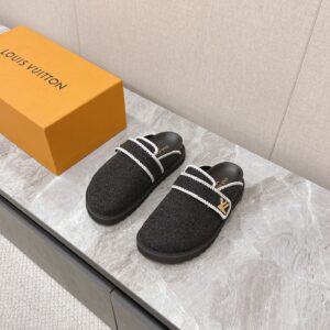 LV Women Black Felt Leather Trim Mules