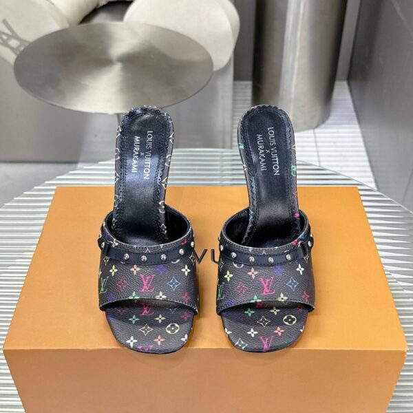 LV Women Black Leather Multicolor Logo Mules