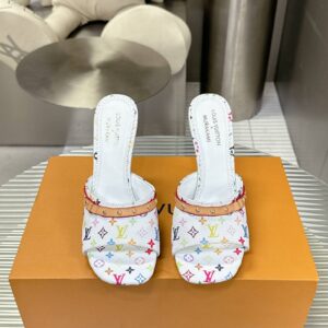 LV Women White Multicolor Printed Leather Mules