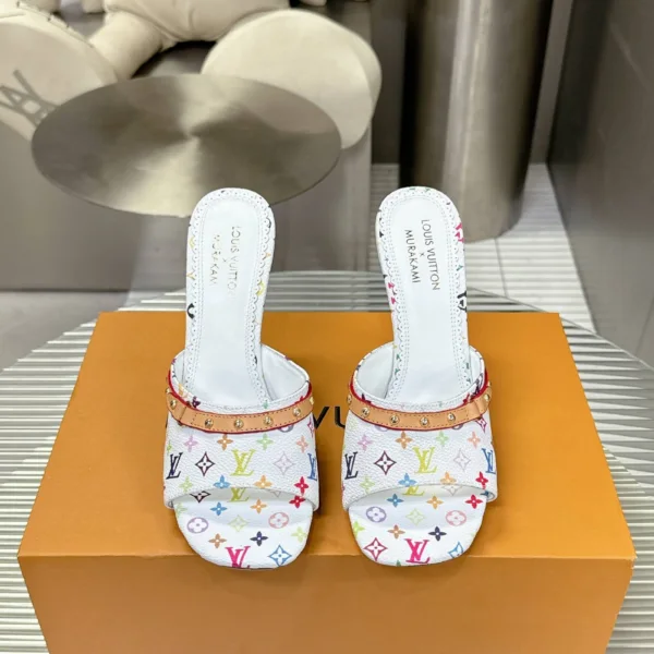 LV Women White Multicolor Printed Leather Mules