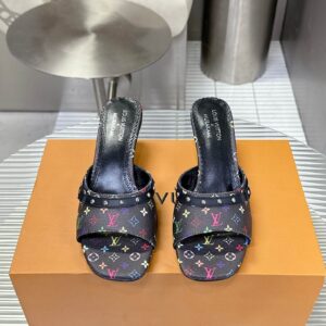 LV Women Black Patterned Leather Mules
