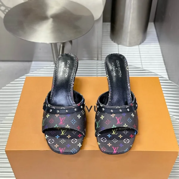 LV Women Black Patterned Leather Mules