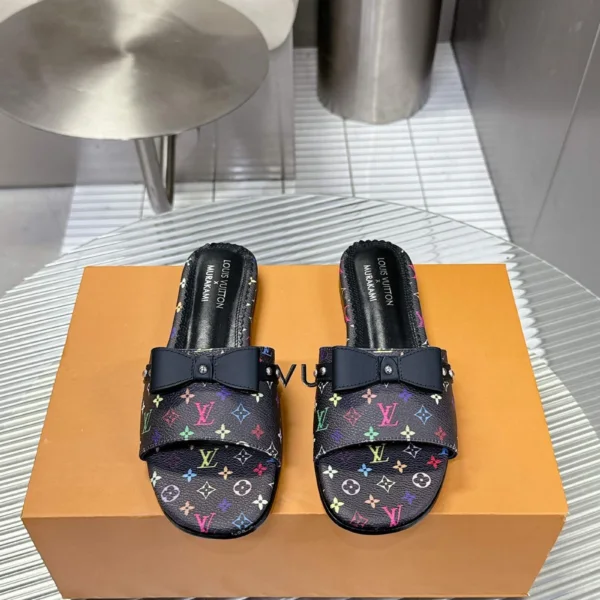 LV Women Black Patterned Leather Bow Slide Sandals