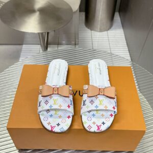 LV Women White Leather Multicolor Monogram Mules